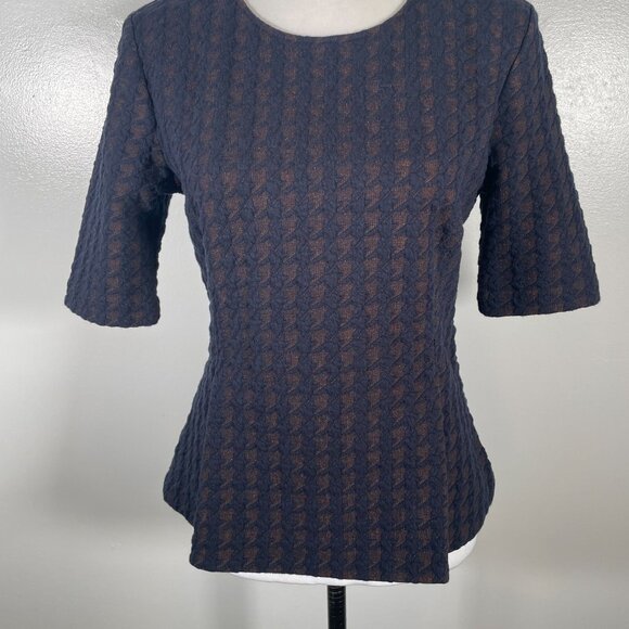 Ann Taylor Knit Top Womens Small Navy Brown Textured Fitted Short Sleeve Stretch - Picture 5 of 16
